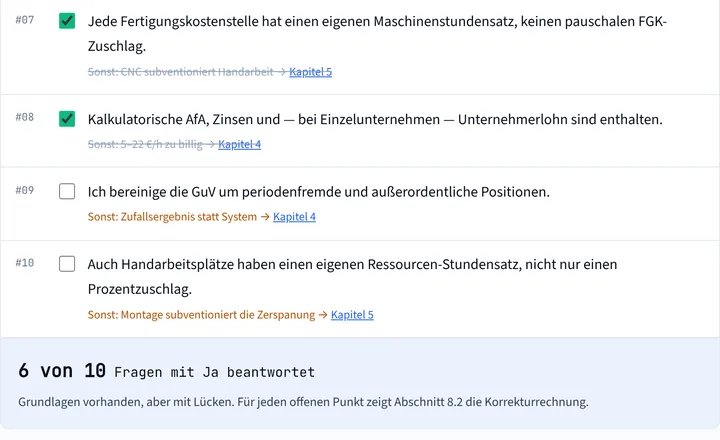 Selbsttest Kalkulation: Auswertung nach zehn Fragen